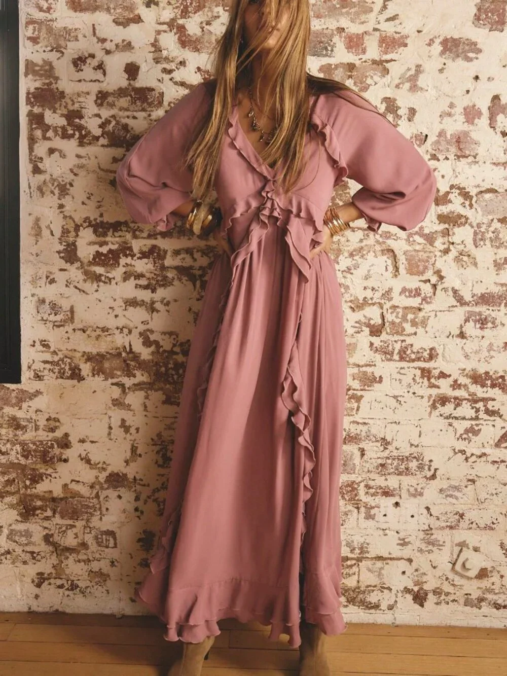 Dusty Pink Boho Beauty Women's Ruffled detailed Maxi Dress - Picture 8 of 11